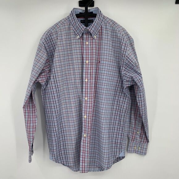 Tommy Hilfiger Men's Shirt Blue & Red Check Size Large - Picture 2 of 8